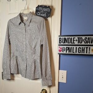 Max Studio Specialty Blouse Gray White Checkered Button-Up M New Peplum